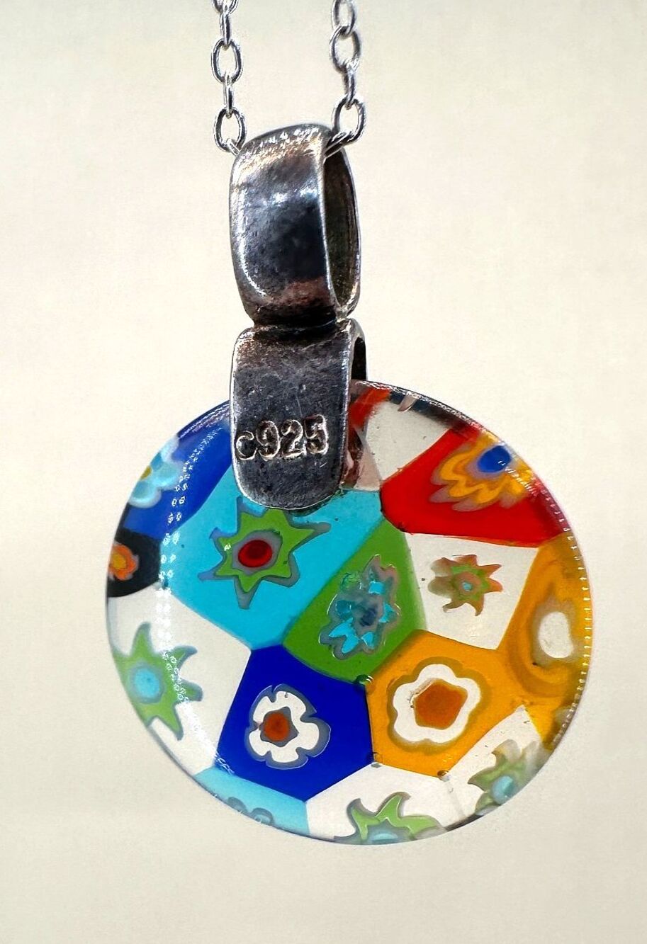 Vintage Millefiori Pendant Necklace 925 Sterling Murano Colorful Round 18" Chain